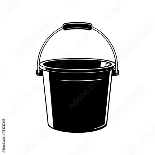 Black cleaning bucket with handle representing household chores, janitorial work, or sanitation tools.