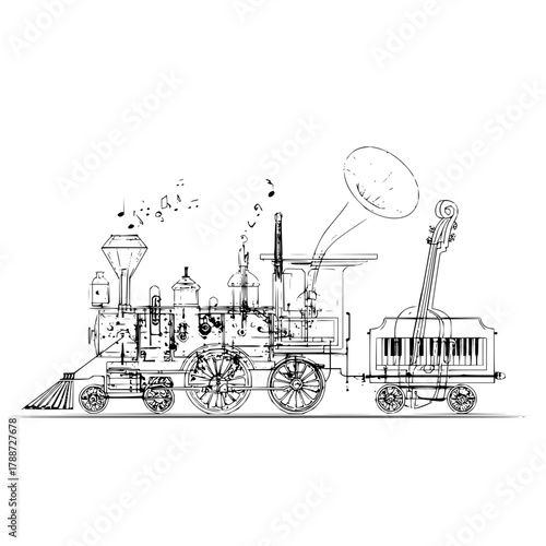Detailed sketch of a musical train featuring a piano carriage and a vintage gramophone horn design