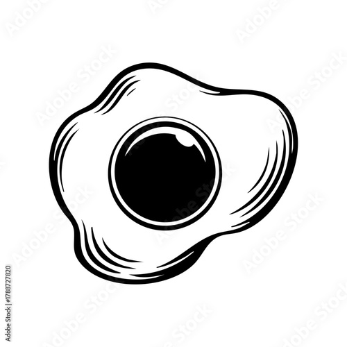 Black and white depiction of a fried egg with round yolk and soft edges, representing breakfast or cooking concept.