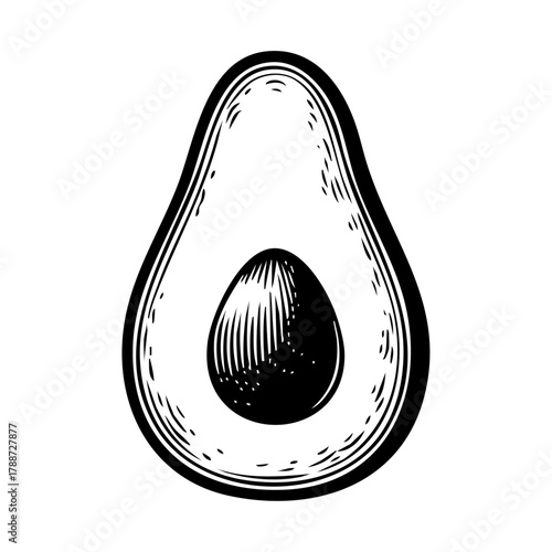 Stylized black and white avocado half with seed, representing healthy food, nutrition, vegetarian diet, and natural lifestyle.