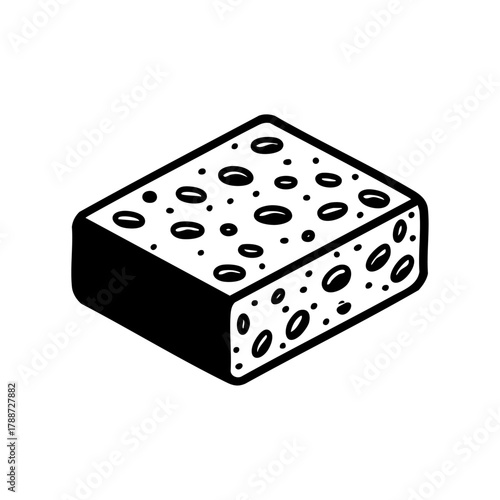 Black cleaning sponge with textured porous surface, commonly used for washing dishes, surfaces, or household cleaning purposes.