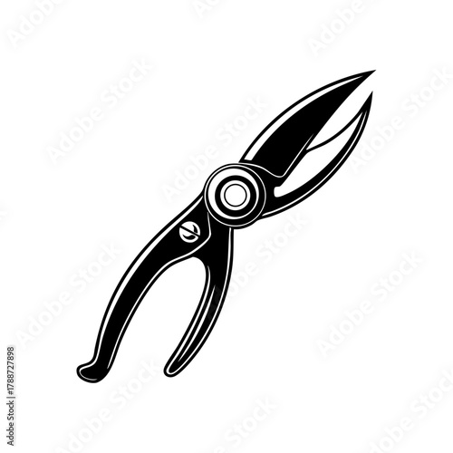 Black and white pruning shears, symbolizing gardening, plant care, landscape maintenance, and horticultural tools.
