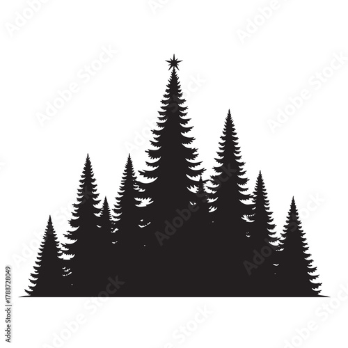 Black silhouette of a forest of pine trees with a star on top of the tallest tree white