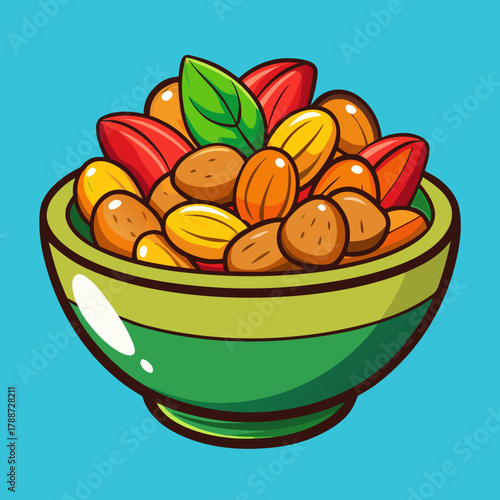 A colorful bowl of mixed nuts and fruits is a healthy and delicious snack