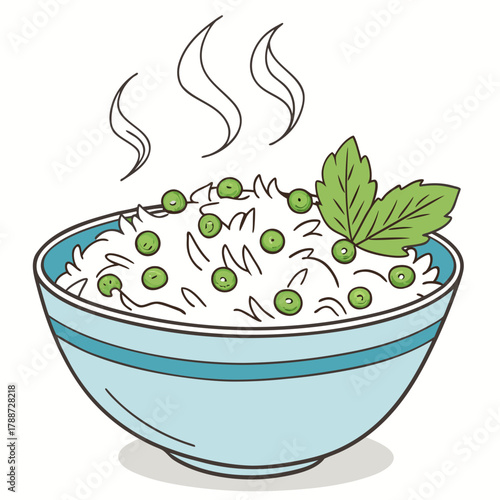 Illustration of a bowl of rice with peas and mint