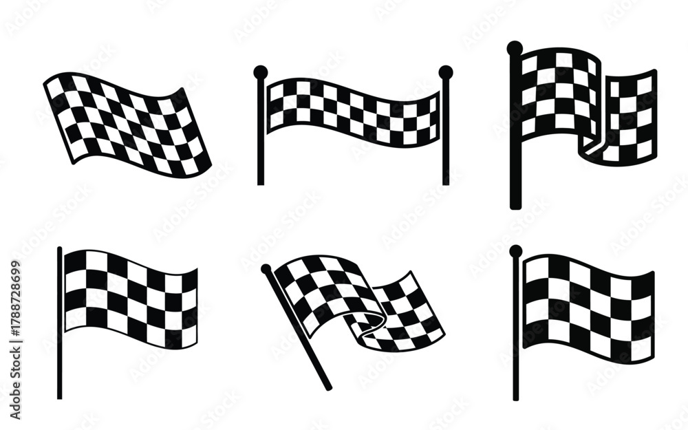 Naklejka premium Set of six checkered racing flags waving on poles isolated on white background