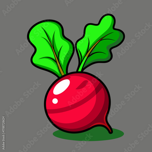 Illustration of a cartoon red beet with green leaves on a gray backdrop