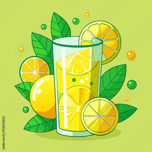 Refreshing lemonade with lemon slices and green leaves in a glass illustration