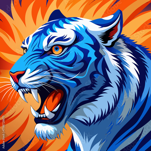Fierce blue tiger roaring with orange flames in the background, teeth showing
