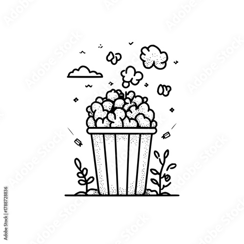 A drawing of a bucket overflowing with popcorn surrounded by plants and clouds in black and white