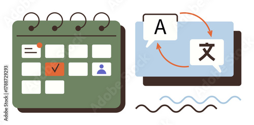 Calendar with marked date, speech bubbles with translation symbols, arrows conveying flow. Ideal for language learning, planning, productivity, globalization, scheduling, communication workflow