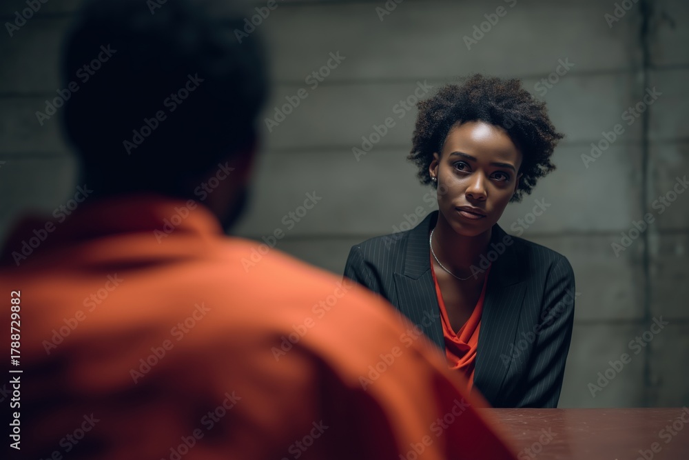 Fototapeta premium Serious female detective interrogating a male inmate in a concrete room.