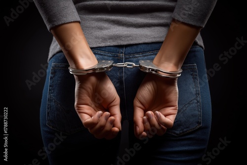 Rear view of a woman in jeans with her hands cuffed behind her back.