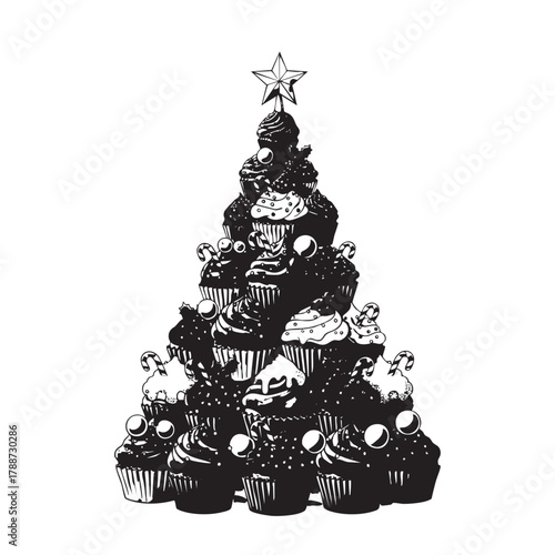 Christmas tree made of black and white cupcakes with candy canes and ornaments dessert sweet