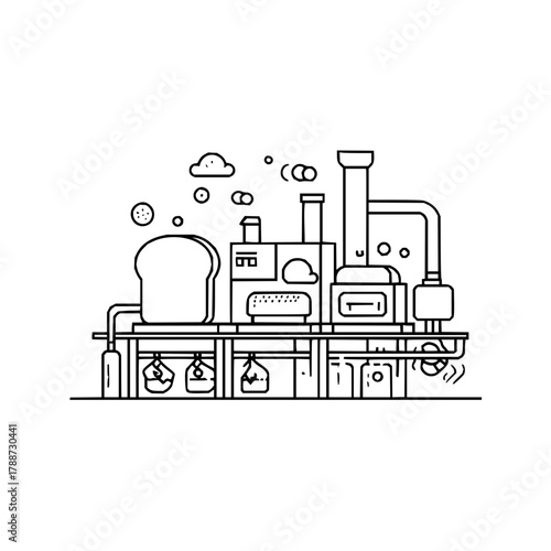 Illustration of a complex industrial bread making machine with pipes and containers in black outline art