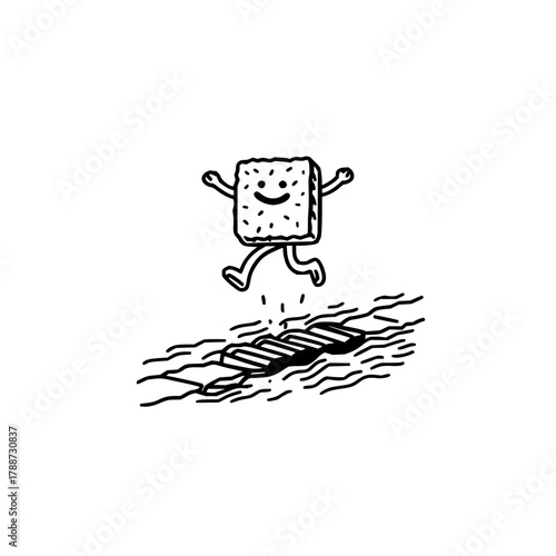 Happy square character jumping over a sewer grate with a smile and arms outstretched in black and white drawing
