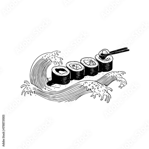 Sushi rolls with chopsticks on a wave illustration in black and white line art style design element