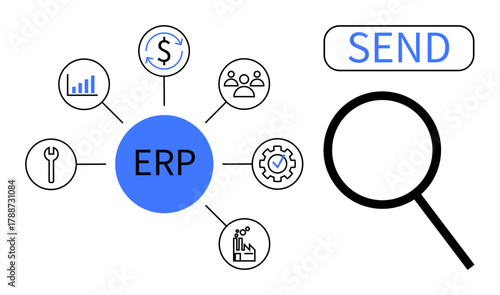 ERP central node connects modules for finances, analytics, workforce, tools, process optimization. Large magnifying glass suggests exploration. Ideal for business, technology, analysis workflow