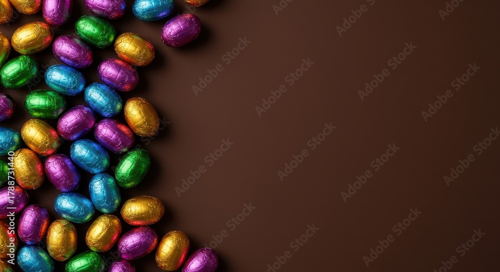 Obraz premium A festive Easter background showing colorful foil wrapped chocolate eggs scattered across a rich dark brown surface with ample room for text ,wallpaper ,texture ,holiday