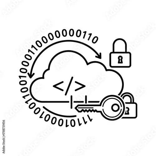 Cloud security with binary code, key, and padlock icon