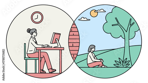 Work-life balance illustration with person at desk working on computer and another enjoying time outdoors in nature.