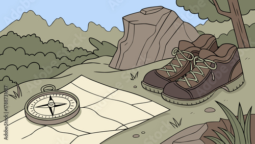 Preparing for a hike on World Offline Day: a compass, map, and trekking boots for rocky terrain. The hiking gear includes everything you need: a compass, a detailed map, and sturdy trekking boots.