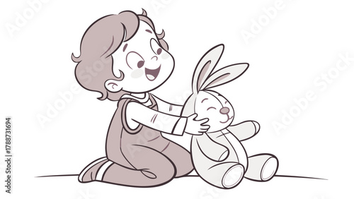 Toddler holding stuffed rabbit with joyful expression while sitting on floor, interacting with plush toy. Toddler plays with soft rabbit, showcasing warmth and innocence during playtime.
