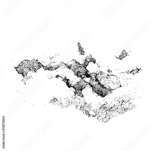 Abstract ink drawing of layered clouds with detailed textures and shading on a white background view from above