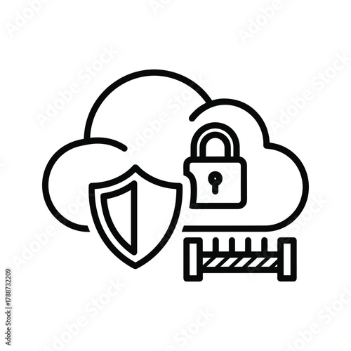 Cloud icon with shield and padlock, representing cloud security and data encryption