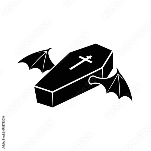Black coffin with a cross and bat wings on either side.