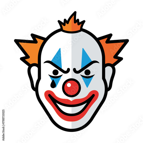 Cartoon clown face with orange hair blue triangles and red nose.
