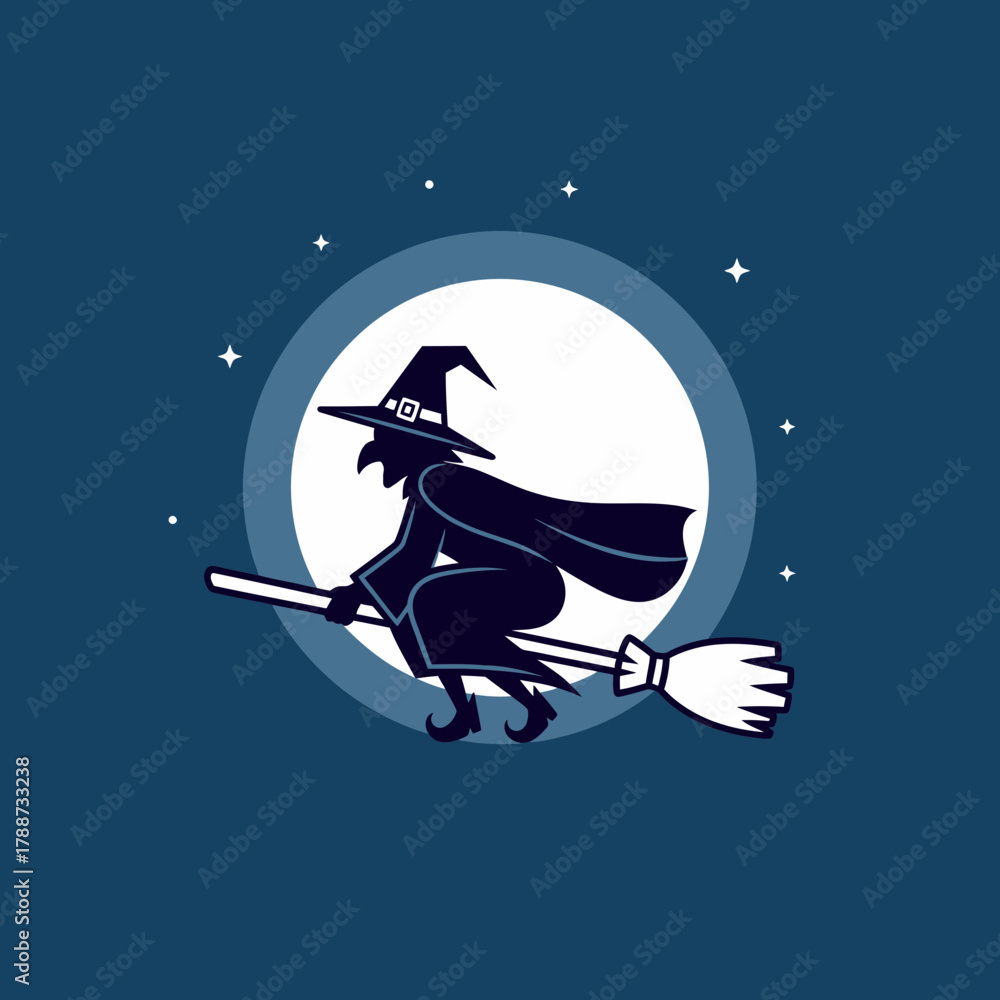 Fototapeta premium A witch silhouette flies on a broomstick in front of a moon.