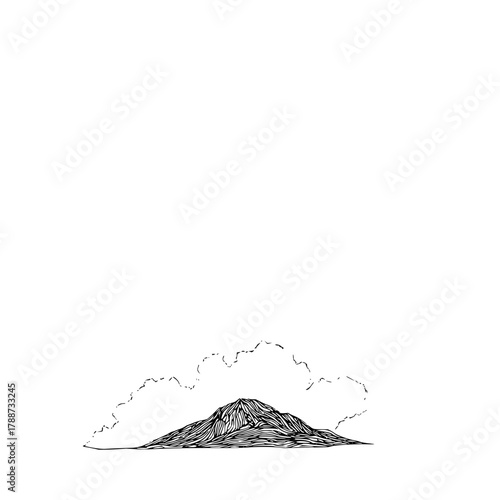 A minimalist line drawing of a mountain peak shrouded by clouds on a white background landscape view