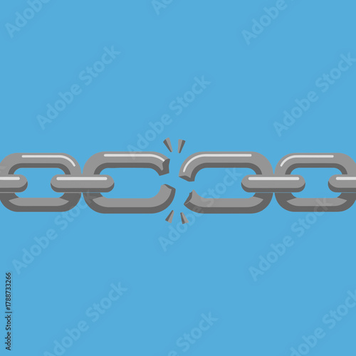 Gray chain with one broken link and small debris around the break.