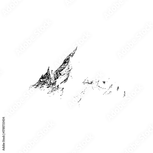 Monochromatic illustration depicting a mountain range with jagged peaks against a white background
