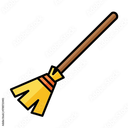 A cartoon broom with a brown handle and yellow bristles is shown.