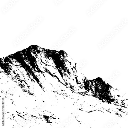 A stark monochrome depiction of a rugged mountain peak against a pristine white background scene view