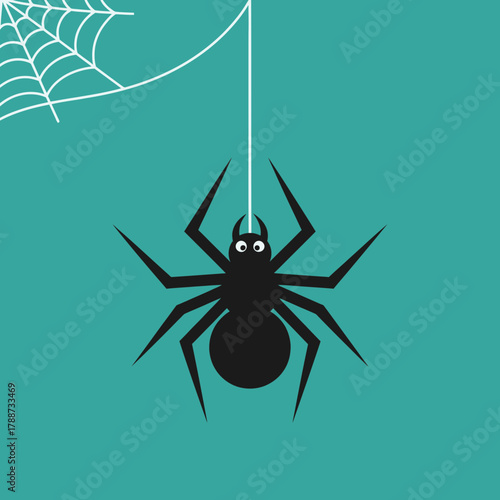 Cartoon spider hangs from a web with eight legs and eyes.