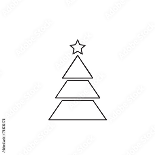 Simple black outline of a Christmas tree with a star on top on a white background black and white