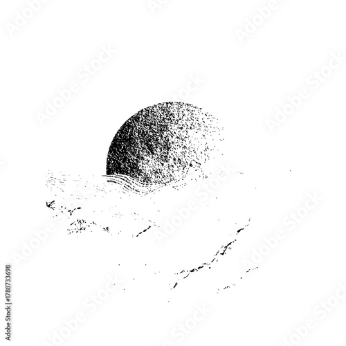 Abstract black and white illustration featuring a textured semi circle shape with rough grainy details near water