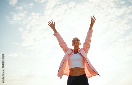 Young woman smiles with arms raised high in victory pose against clear sky. Celebrates fitness success, feeling happy, free after workout. Healthy lifestyle achievement, winning moment, freedom