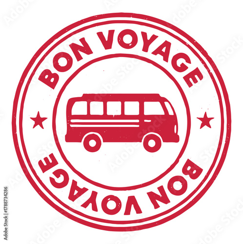 Vintage travel rubber stamp with a bus design and the phrase bon voyage for adventure lovers