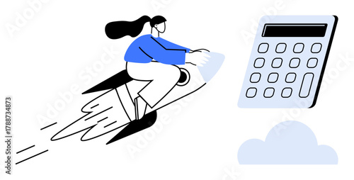 Woman rides a rocket heading for a calculator floating among clouds. Ideal for finance, growth, innovation, entrepreneurship, ambition, career success, futuristic ideas. A simple flat metaphor