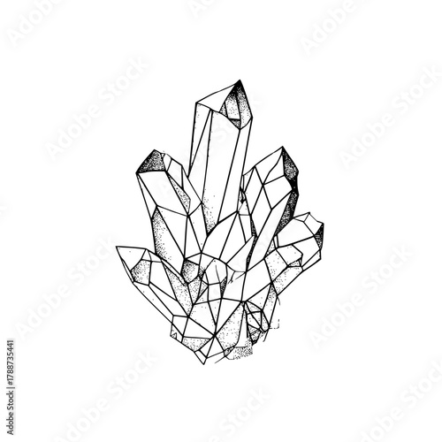 Illustration of a cluster of crystals with geometric facets and stippled shading in black and white style