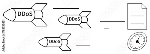 Three missiles labeled DDoS directed at a document and stopwatch, symbolizing a cyberattack. Ideal for cybersecurity, hacking, online threat, data security, network defense, technology risk, simple