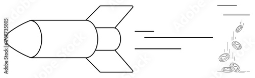 Rocket speeding forward, trailing scattered coins to illustrate progress, investment, and profit. Ideal for business, finance, entrepreneurship, innovation growth economics startup success. Simple