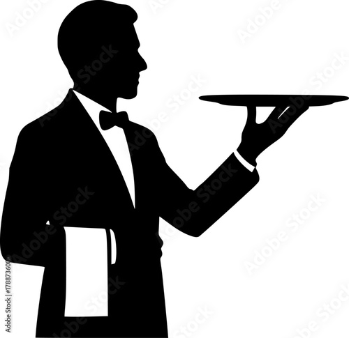 Silhouette of Waiter Holding Tray Black and White Vector Illustration. Perfect Minimal Design for Restaurant, Service, Hospitality, Food, Waiter, Professional