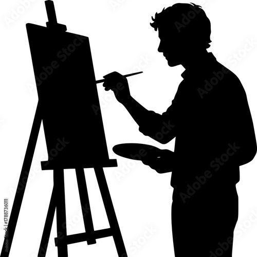 Silhouette of Artist Painting on Easel Minimal Black and White. Perfect Vector Illustration for Art, Creativity, Painter, Canvas, Design, Studio