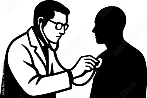 Black and White Silhouette of Physician Listening to Patient with Stethoscope. Minimal Vector Illustration for Healthcare, Doctor, Hospital, Medicine, Professional