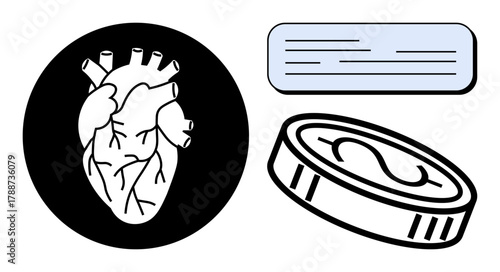 Anatomical heart, circular coin, and rectangular text block. Ideal for health awareness, financial literacy, healthcare funding, medical costs, education, science communication and biology